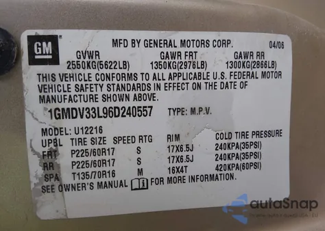 2006 Pontiac Montana Sv6 z USA, uszkodzony, nr VIN 1GMDV33L96D240557